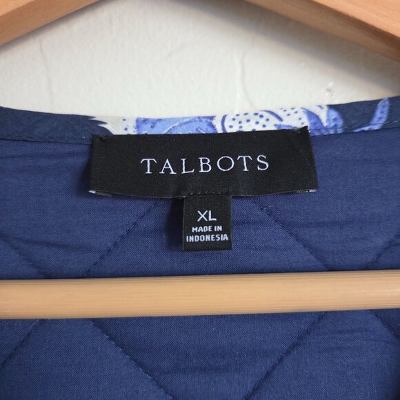 Talbots Jacobean Quilted Jacket Blue Women's XL Snap Button Round Neck Cottage - Picture 2 of 9
